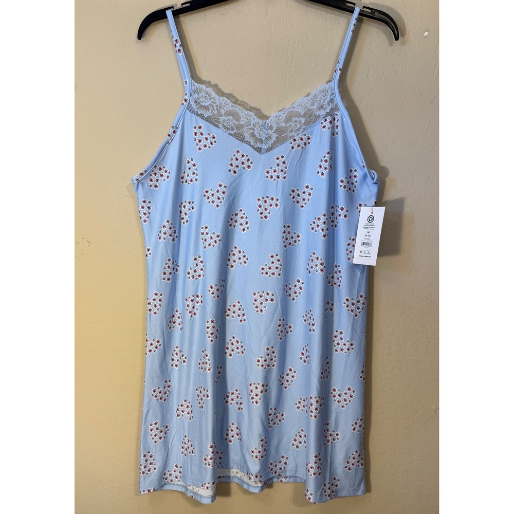 Joyspun Chemise Women M Light Blue Floral Heart Lace Trim Soft Nightgown NEW